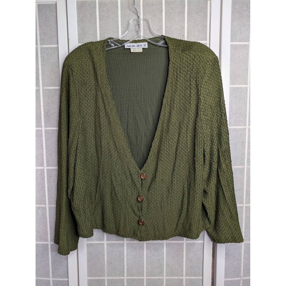 Vtg Shair Aide II Cardigan Sweater Womens 18 Green Ribbed Top Retro Shoulder Pad